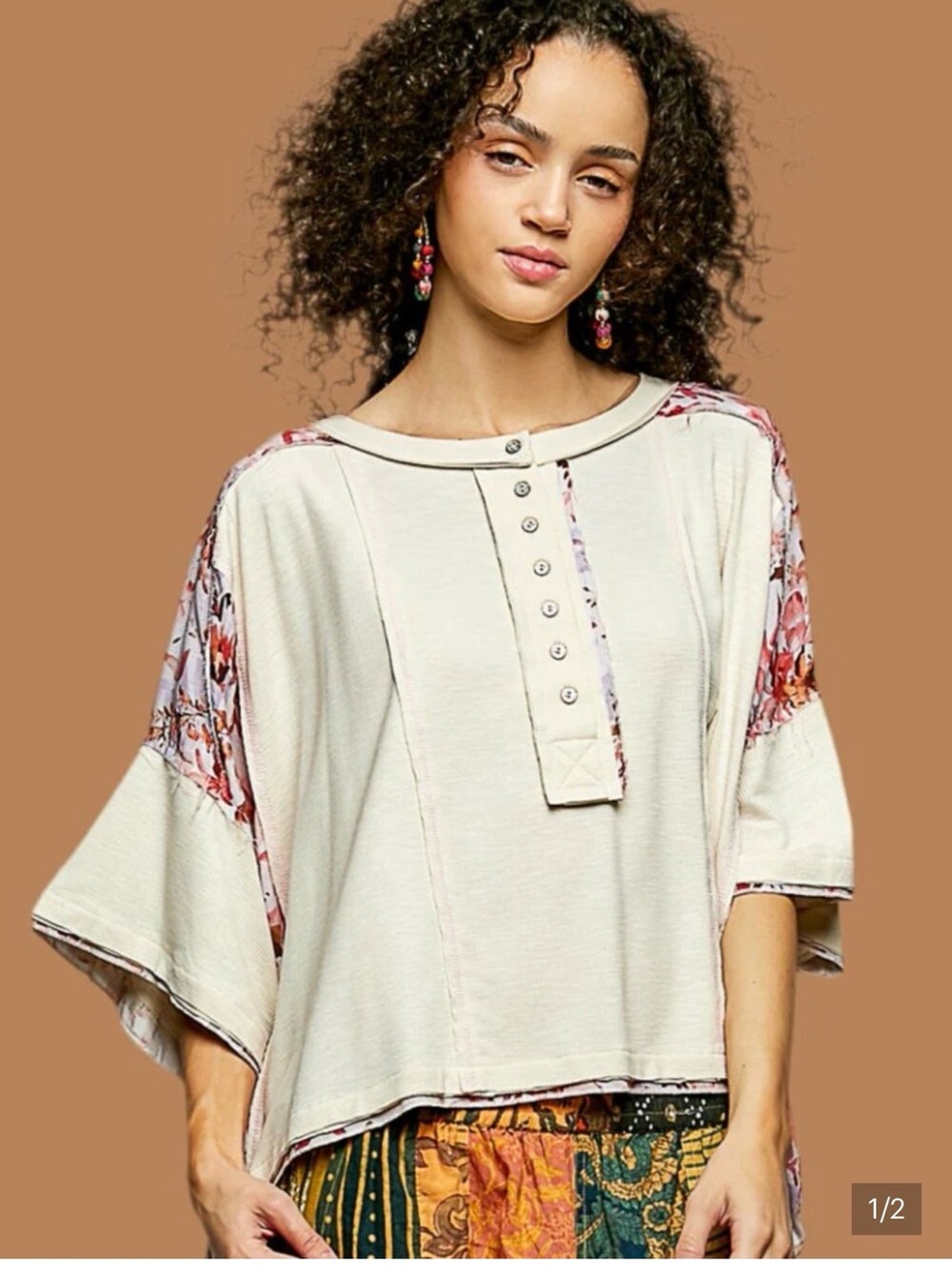 B27 POL Henley Top With Print Sleeves Natural NEW